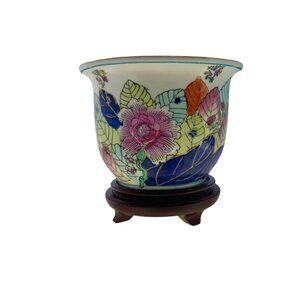 Planter Porcelain Asian Tobacco Leaf Design on Wood Base Vintage Oriental Decor